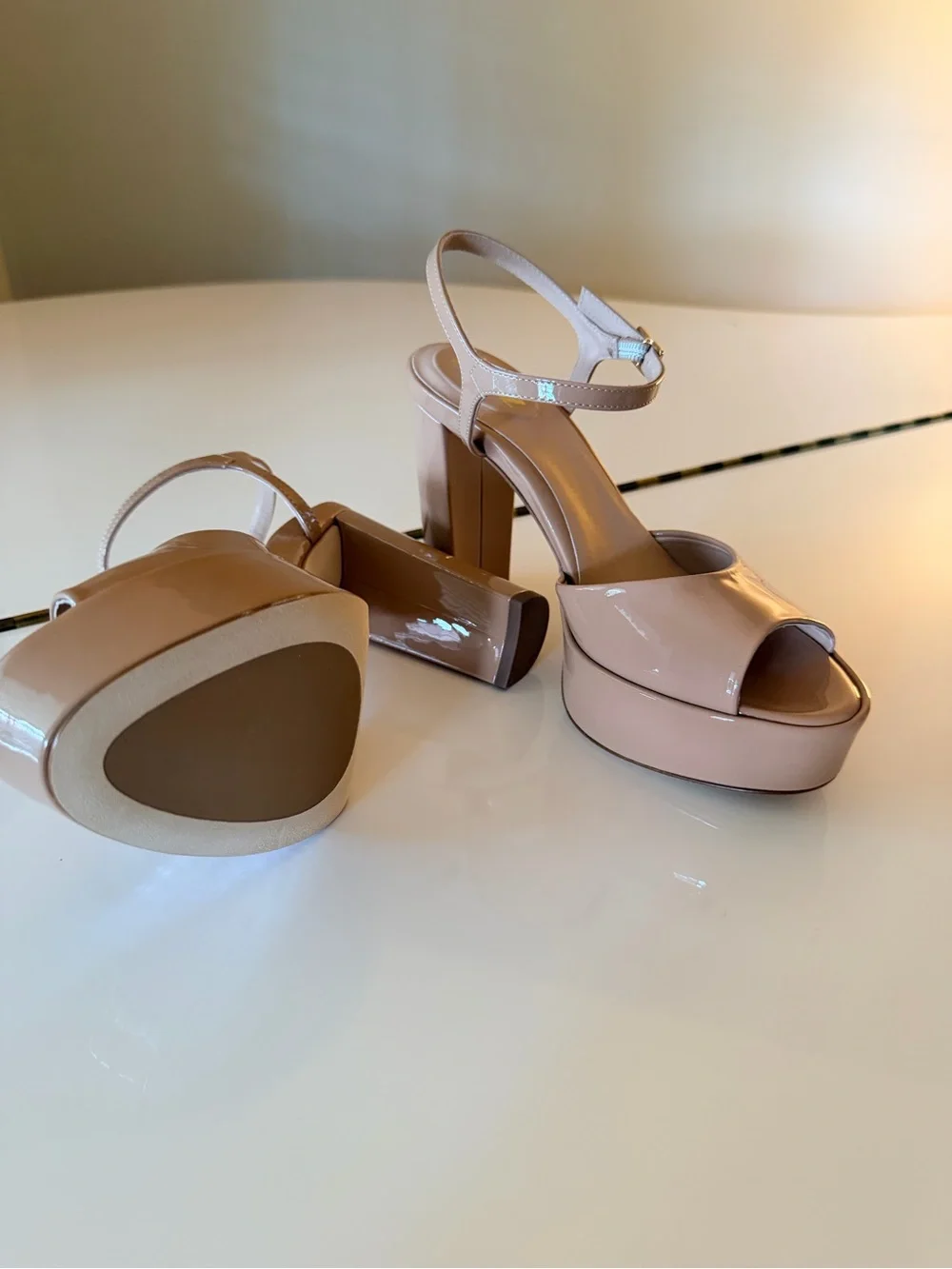 Inez Patent Nude Platform Slingback Heels with Ankle Strap